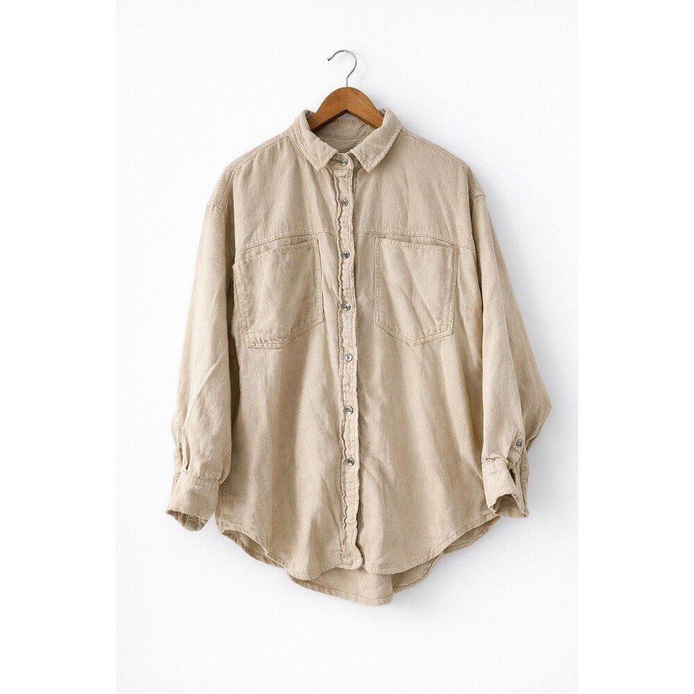 ✿ Aerie Beige Oversized Button Shirt Jacket Cotton Twill Utility M